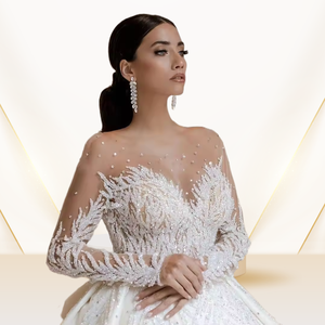 Robes de mariée de luxe à manches longues, dos ouvert en V, robe de mariée lourdement ornée de cristaux - Product Image 1