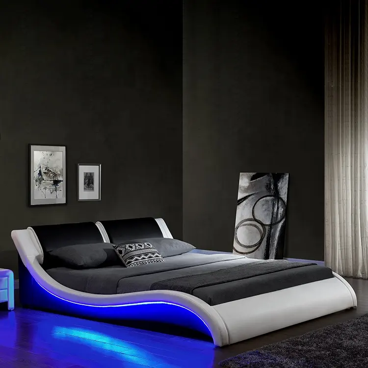 ウィルスーンモダンレザー布張りLEDベッドクイーン/キングサイズベッドLEDライトと波のようなベッドフレーム寝室用家具