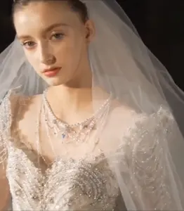 Gaun pengantin lengan panjang leher V, gaun pesta mutiara berlian indah 2023 untuk wanita