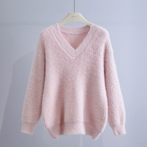 Dalang Sweater Factory Pull en maille ample à col en V pour femme, Automne Hiver, Couleur unie, Anti-boulochage, Jaune Rose Blanc - Product Image 4