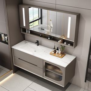 Meuble de salle de bain moderne de luxe léger et simple, avec vasque intégrée en céramique sans joint en <span class=keywords><strong>plaque</strong></span> de roche, miroir et lampe de miroir - Product Image 4