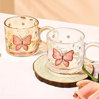 Ensemble de 2 tasses à café en verre à motif papillon de 300 ml avec anse surdimensionnée, tasse à thé pour la maison, le bureau, le café, cadeau