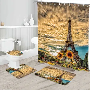 JA 4Pcs Paris Eiffel Tower Shower Curtain Sets Bathroom Set Decor Waterproof Valentine Bathroom Curtains Shower Set With 12Hooks