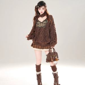 <span class=keywords><strong>American</strong></span> <span class=keywords><strong>Vintage</strong></span> Butterfly Patchwork V-neck <span class=keywords><strong>Long</strong></span> Sleeve Sweaters with Scarf Y2k Punk Tassel Spicy Girl Pullovers - Product Image 6