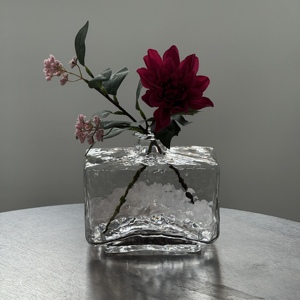 Jarrón de Vidrio Rectangular Hecho <span class=keywords><strong>a</strong></span> Mano, Jarrón de Vidrio Cuadrado con Ondas de Agua, Jarrón de Cristal para Flores, Centro de Mesa para Comedor, Oficina y Hogar - Product Image 1