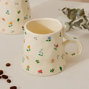 Korean Floral Coffee Cup Ceramic Mug Custom Logo With Gift Couple Ceramic Cup