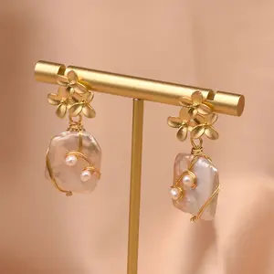 Original Design Flower Drop Earrings Natural Baroque Square Pearl Earrings For Women Fine Jewelry Wholesaleイヤリングバルク