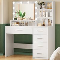 Miroir de maquillage moderne avec éclairage, 5 tiroirs de rangement, étagères, table en panneau de particules blanc, 3 modes de couleur, luminosité réglable