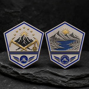 Pièce de monnaie commémorative personnalisée « Challenge Summit » en relief 3D, motif alpinisme, finition argent mat et émail bleu, fabrication directe usine, souvenir OEM - Product Image 1