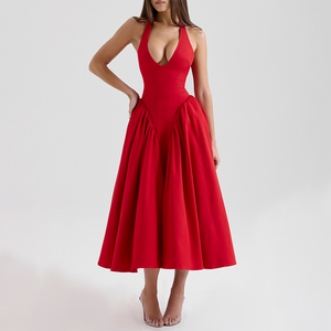 Abito Midi Rosso in Twill con Collo Halter per Donne, Elegante Vestito da Cocktail, Abito Elegante da Festa, Vendita all'Ingrosso - Product Image 1