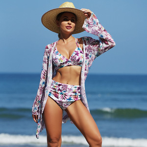 RUIQUWIN Ensemble de bikini floral 3 pièces grande taille pour femme, maillot de bain string taille haute avec cache-maillot en résille, push-up sexy, tenue de plage, vente en gros - Product Image 4