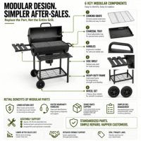 Barbecue au charbon de bois d'extérieur pour jardin, fête, camping, restauration, restaurant, barbecue commercial avec roues et étagère en bois
