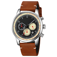 Montre à quartz simple pour homme UMS en acier inoxydable, bracelet en cuir rond de 42 mm, chiffres arabes, trois aiguilles, six aiguilles, multifonction