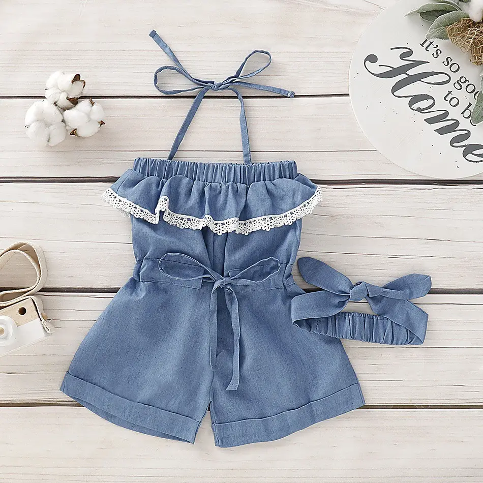 Verano chaleco pequeño encaje puro color denim monos niña princesa vestido