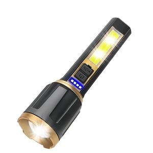ไฟฉาย LED แบบสองแสง ชาร์จผ่าน USB ซูมได้ ไฟฉายยุทธวิธี พร้อมไฟสปอตไลท์ด้านหน้า ไฟ COB ด้านข้าง และไฟแสดงสถานะพลังงาน - Product Image 1