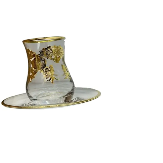 ZUMRUTプライベートラベルティーカップソーサーチェック柄カラフルカットデザインティーセット高級ガラスカップ卸売18個パックトルコ製