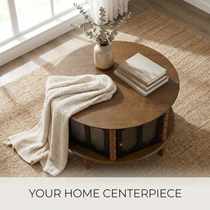 Mesa de Centro Redonda de Tres Puertas con Almacenamiento, Moderna, de Madera Enchapada, 31.5 Pulgadas, para Sala de Estar o Apartamento - Product Image 3