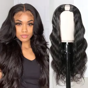 24 inches cheap raw 100% Brazilian human hair 1b natural black body wave u middle part wigs for black women