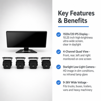 Moniteur DVR de voiture Android 13 de 10,25 pouces, caméra embarquée 4 canaux 1080P, 4 Go de RAM, 32 Go de stockage, écran tactile IPS, étanche, GPS/WiFi, BSD