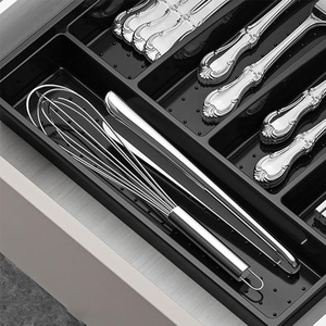 Grand plateau organisateur de tiroir à couverts de rangement d'ustensiles de table de qualité supérieure Plateau à ustensiles extensible noir avec <span class=keywords><strong>bloc</strong></span> à couteaux pour la cuisine - Product Image 5