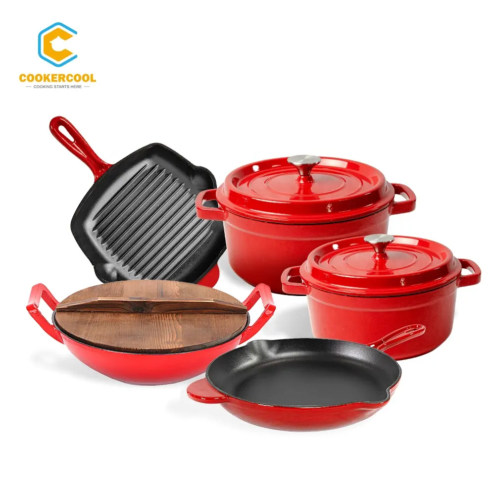 Cookercool Fabriek Beste Prijs 8Pcs Keukengerei Gietijzeren Non Stick Emaille Pannenset