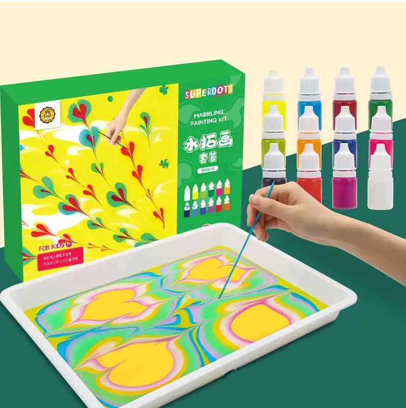 Set di pittura per bambini fai-da-te, arte e artigianato acqua su carta 12 colori Kit di pittura per marmorizzazione strumenti di apprendimento attività giocattoli di cancelleria