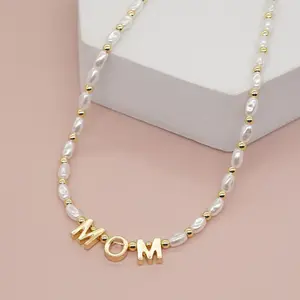 Gift Custom Letters Stainless Steel 18 K Gold Plated Beads Letters Fresh Water Pearls Jewelry Necklace for Mom Girlfriend Gift
