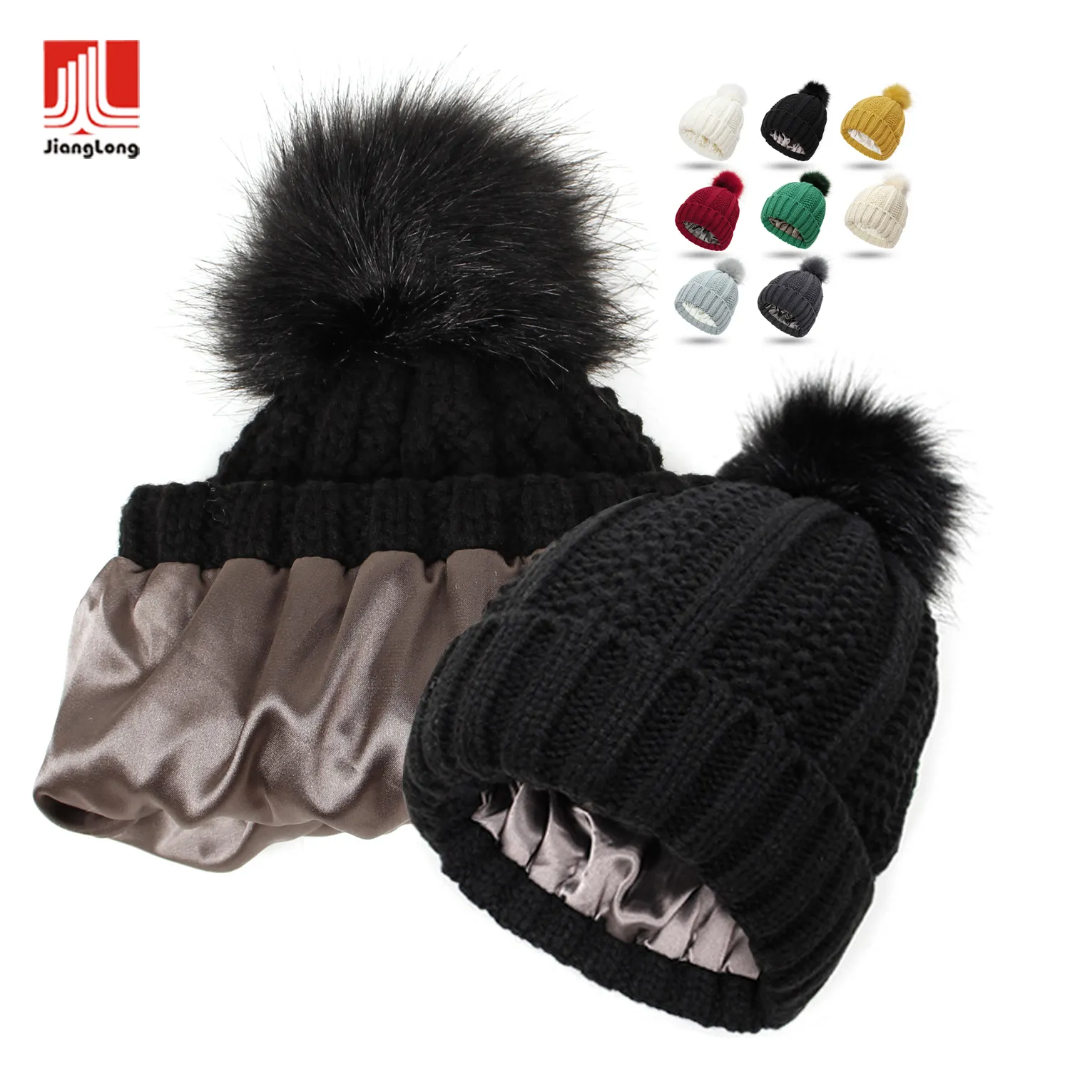 Wholesale high quality cable knitted solid warm faux fur pom winter hat silk satin lined cap beanie for women