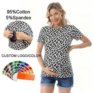 Kaus menyusui untuk wanita paska melahirkan, pakaian ibu hamil kasual atasan menyusui macan tutul katun melar baik musim panas - Product Image 1