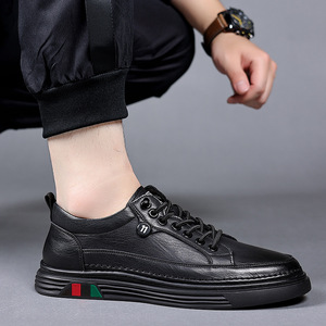 Baskets décontractées en cuir blanc pour hommes, bout rond, semelle souple en caoutchouc, à lacets, chaussures de marche, couleur unie, style streetwear tendance - Product Image 3