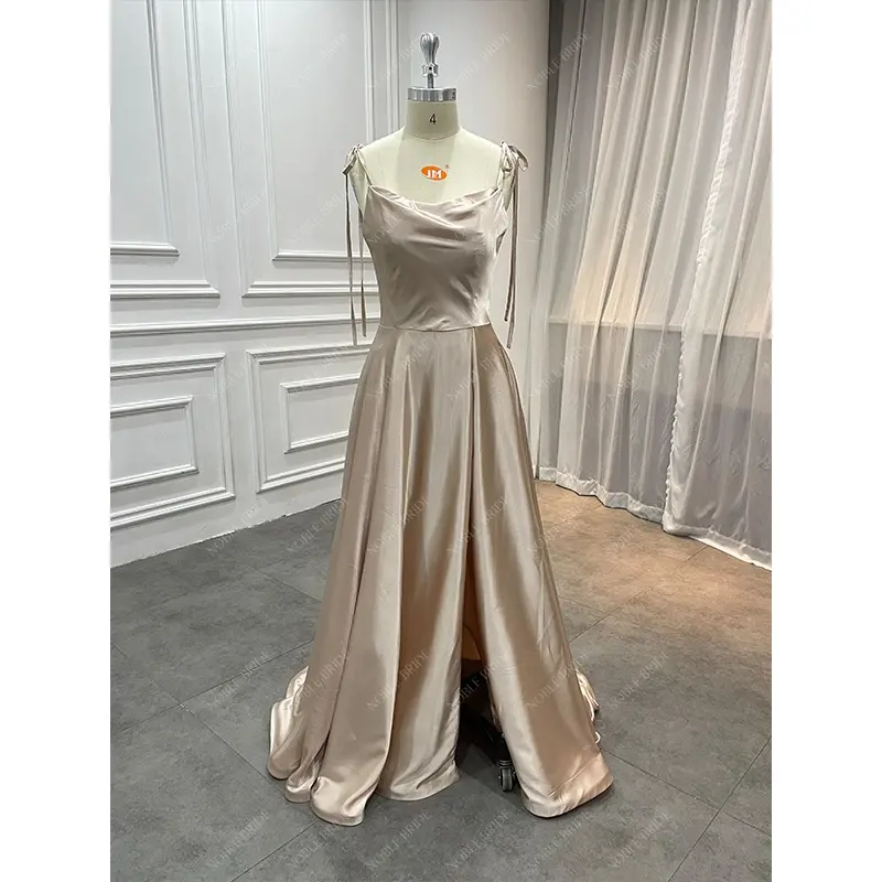 Manufacturer Elegant Bridesmaids Dresses Drape Neck High Slit Silk Satin Princess Champagne Maid of Honor Dresses for Weddings