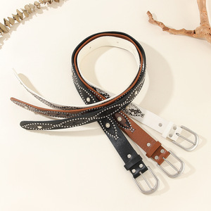 Cinturón de Parches con Remaches Personalizado al por Mayor, Directo de Fábrica, Estilo Vintage Europeo Americano, Hebilla de Aguja con Incrustaciones de Diamantes de Imitación - Product Image 2