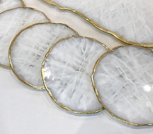 Home Tabletop Drink Natural Clear White Rose Quartz Small Large Size Crystal Stone Geode <strong>Agate</strong> Slice <strong>Coaster</strong> with Gold Trim - Product Image 4