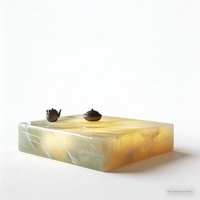 Grande table basse plate en jade, lumineuse, de luxe, en pierre, carrée, en marbre naturel, avec cadre métallique, multifonctionnelle, nouveau style chinois