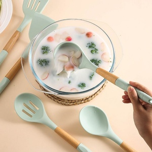 Wholesale Silicone Kitchenware Spatula Whisk Tongs Cooking <b>Tools</b> Kitchen Utensils Set With Wooden Handle - Product Image 6