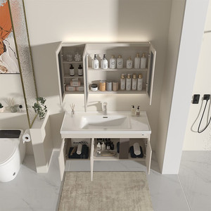 ตู้ห้องน้ำแบบครีมสไตล์ใหม่พร้อมอ่างล้างหน้าเซรามิกแบบรวมในตัว - Product Image 2