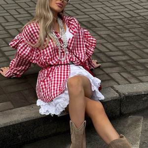 Blusas y Camisas de Otoño con Logotipo Personalizado para Mujer, Camisa a Cuadros Informal con Cuello Camisero, Manga Larga, Algodón, OOTD - Product Image 3
