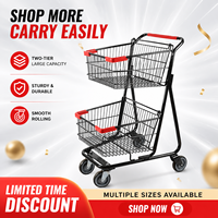 Chariot de courses en métal à 2 niveaux avec double panier, chariot de supermarché compact pour magasins de proximité