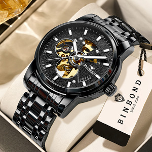 Fenzun Men's Mechanical Watch Skeleton Automatic 13mm Stainless Steel Band Folding Clasp 50m Waterproof - Product Image 1