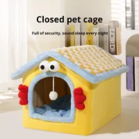 Lit pour chat et chien en forme de maison, motif dessin animé, en matériau PP, chaud pour l'hiver, quatre saisons, avec tapis amovible pour petits animaux