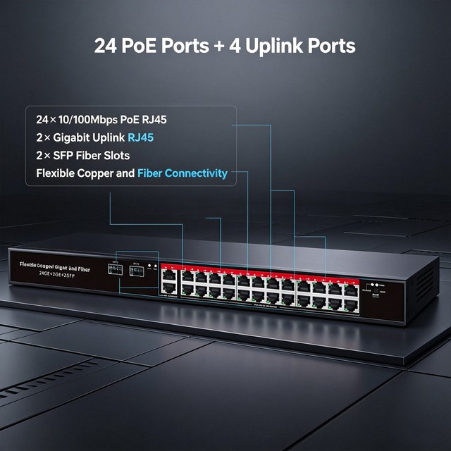 24-Port 10/100Mbps Managed PoE Switch with 2 Gigabit Uplinks 2 SFP Fiber Ports 360W Cloud Management