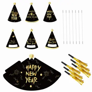 Cappello di carta per feste a tema oro nero di capodanno 2024 festa di capodanno per bambini forniture per decorazione di cappelli di carta conica