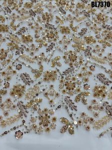 ゴールドブライダルイブニングドレスレース生地フレンチスパンコールビーズ高級メッシュレース生地ウェディングドレスに最適 - Product Image 2