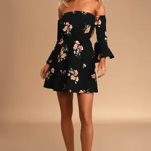 HL-Vestido corto femenino de algodón con manga larga para verano, minivestido de fiesta con hombros descubiertos, cintura alta, color negro, estampado floral