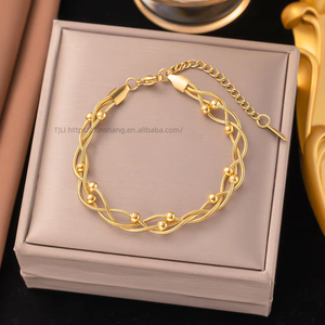 Juego de Joyería de Acero Inoxidable Hipoalergénico a Prueba de Agua, Collar y Pulsera con Cuentas Onduladas, Chapado en Oro de 18K, para Mujer, Venta al Por Mayor - Product Image 4