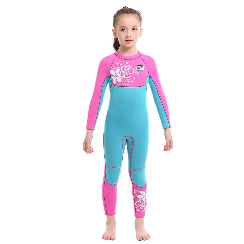 स्टॉक में लड़कियों लवली गुलाबी खिंचाव नायलॉन गर्म 3mm Neoprene एक टुकड़ा बच्चों लंबी आस्तीन सर्फिंग डाइविंग Wetsuit