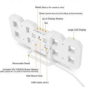 Horloge murale numérique 3D à LED Décoration de bureau multifonctionnelle à la mode Alarme murale créative à brancher Décorations pour la maison Calendriers - Product Image 4
