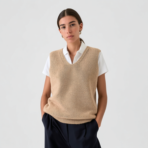 <strong>Women's</strong> Casual V-Neck Sleeveless Lurex Sweater Tank Top Breathable Metallic Knit Vest Lace Ribbons Decoration Custom Logo Front - Product Image 1