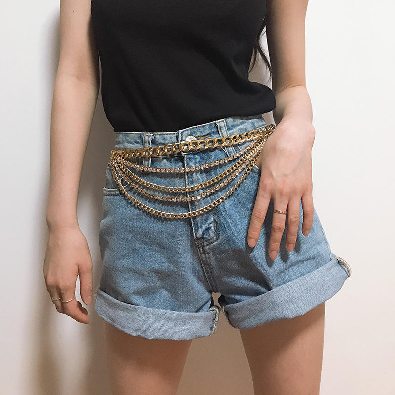 Fashion Women Metal Belts Chain Chunky Luxury Multi Layer Crystal