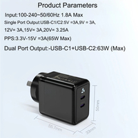 Cargador Personalizado de 65W GaN, Adaptador de Pared Estándar AU, Doble USB-C PD, Aprobado por SAA, Cargador de Viaje para Macbook, iPhone, Samsung, Tablet